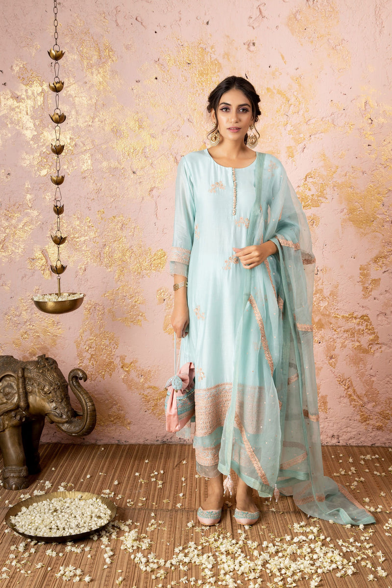 Pastel Blue KurtaSet With Pants And Dupatta - Naaz By Noor