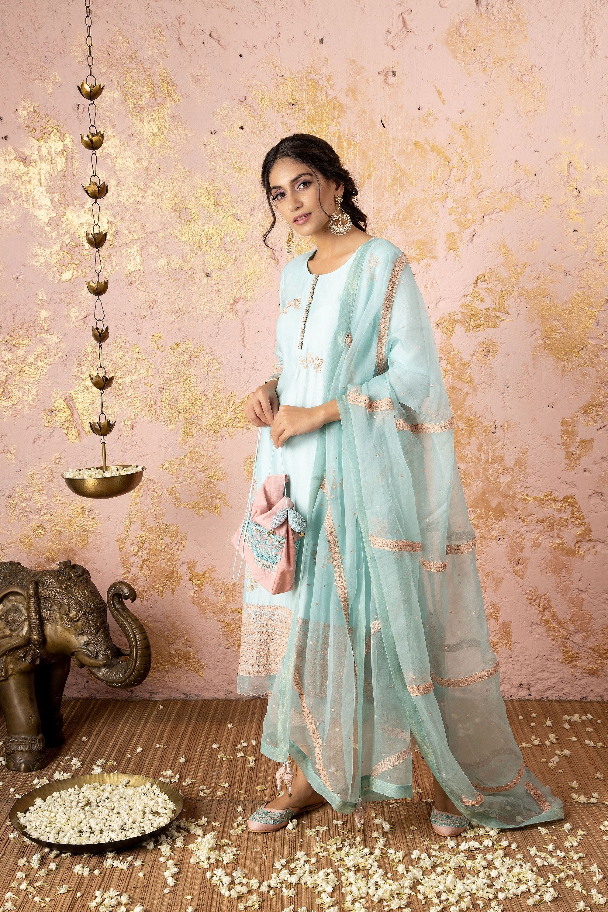Pastel Blue KurtaSet With Pants And Dupatta Naaz By Noor