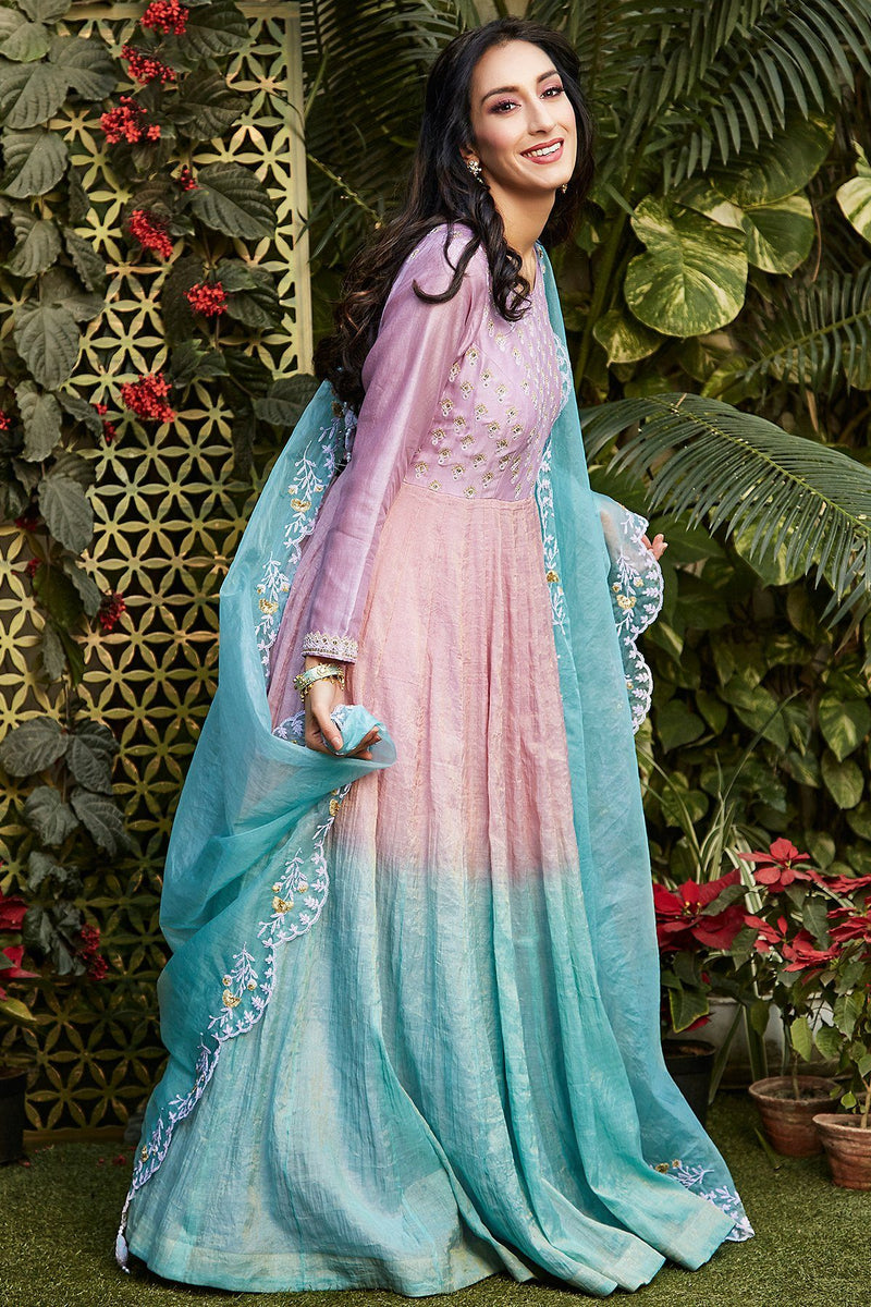 Pink + Blue Ombré Anarkali - Naaz By Noor