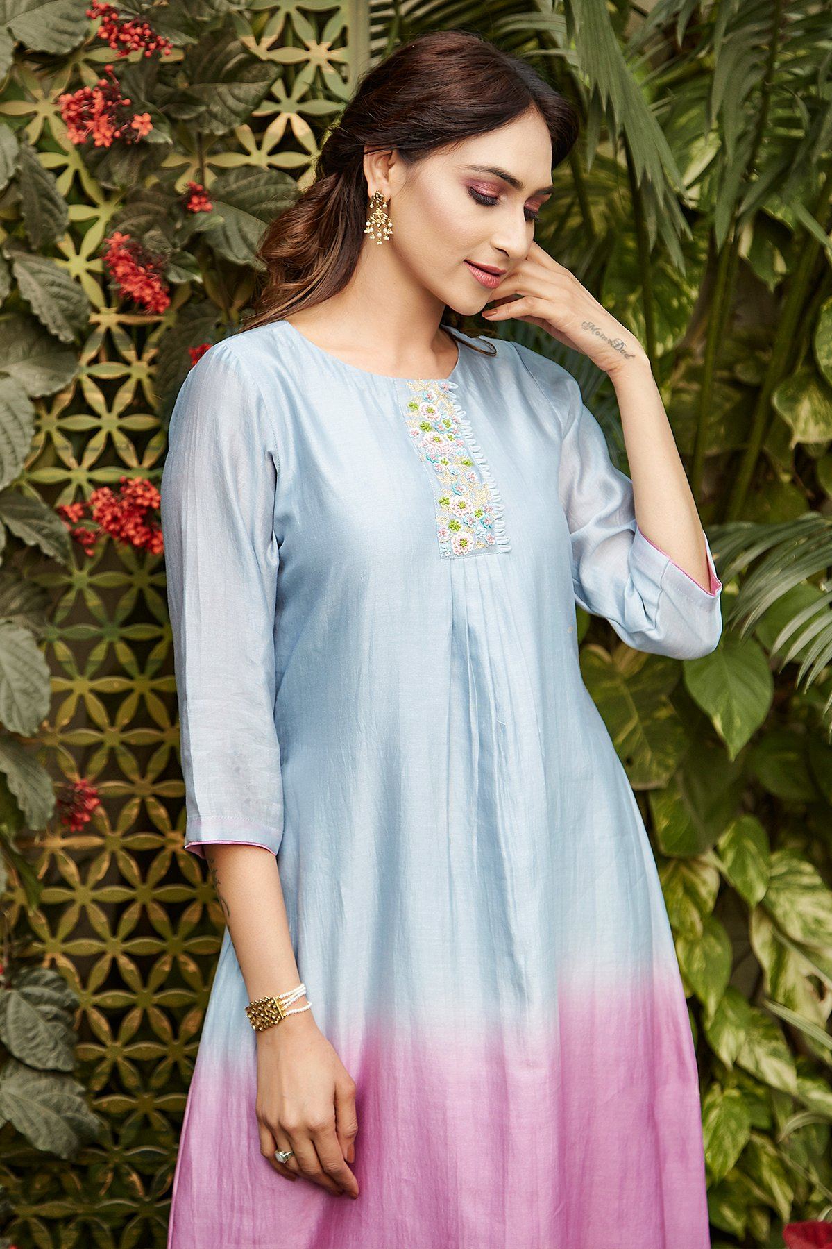 Pink + Blue Ombré Sequins Tunic ( without pants ) - Naaz By Noor