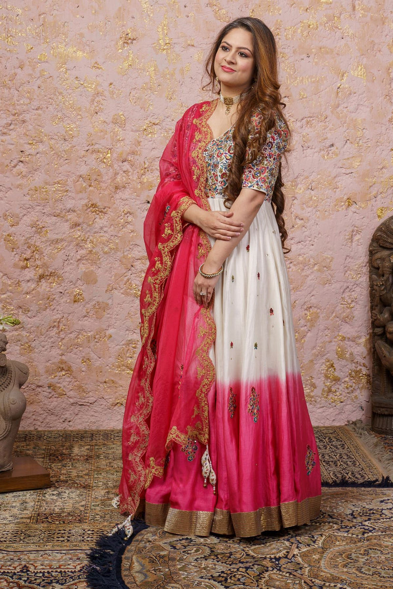 Pink & White Ombré Anarkali Set With Dupatta - Naaz By Noor