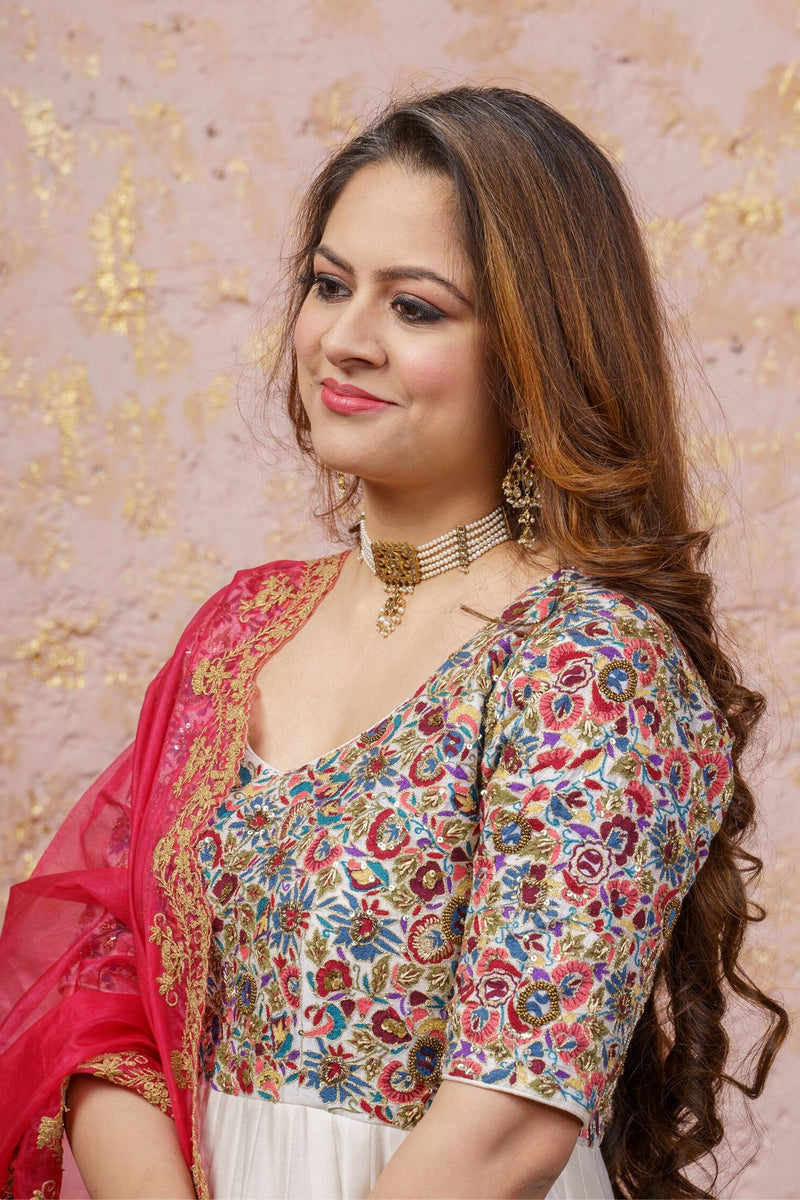 Pink & White Ombré Anarkali Set With Dupatta - Naaz By Noor