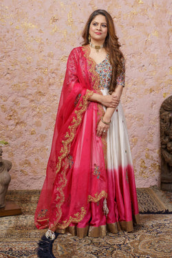 Pink & White Ombré Anarkali Set With Dupatta - Naaz By Noor