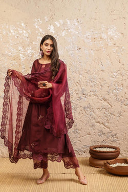 Plum Embroidered Kurta With Pants And Dupatta - Naaz By Noor