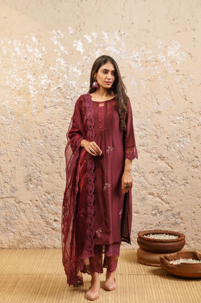 Plum Embroidered Kurta With Pants And Dupatta - Naaz By Noor