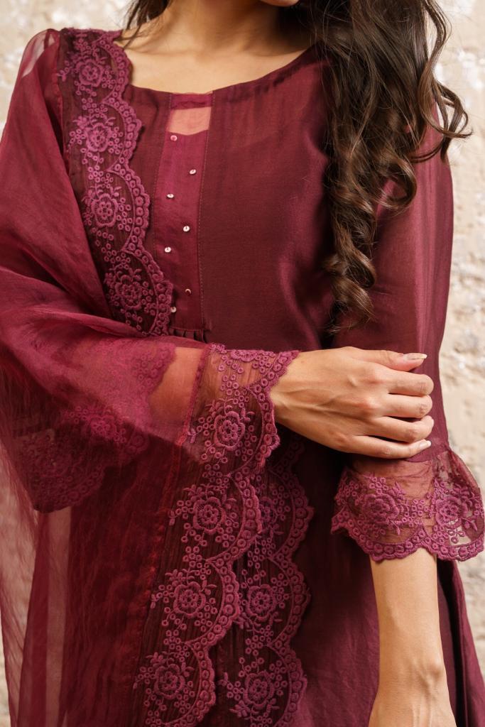 Plum Embroidered Kurta With Pants And Dupatta - Naaz By Noor