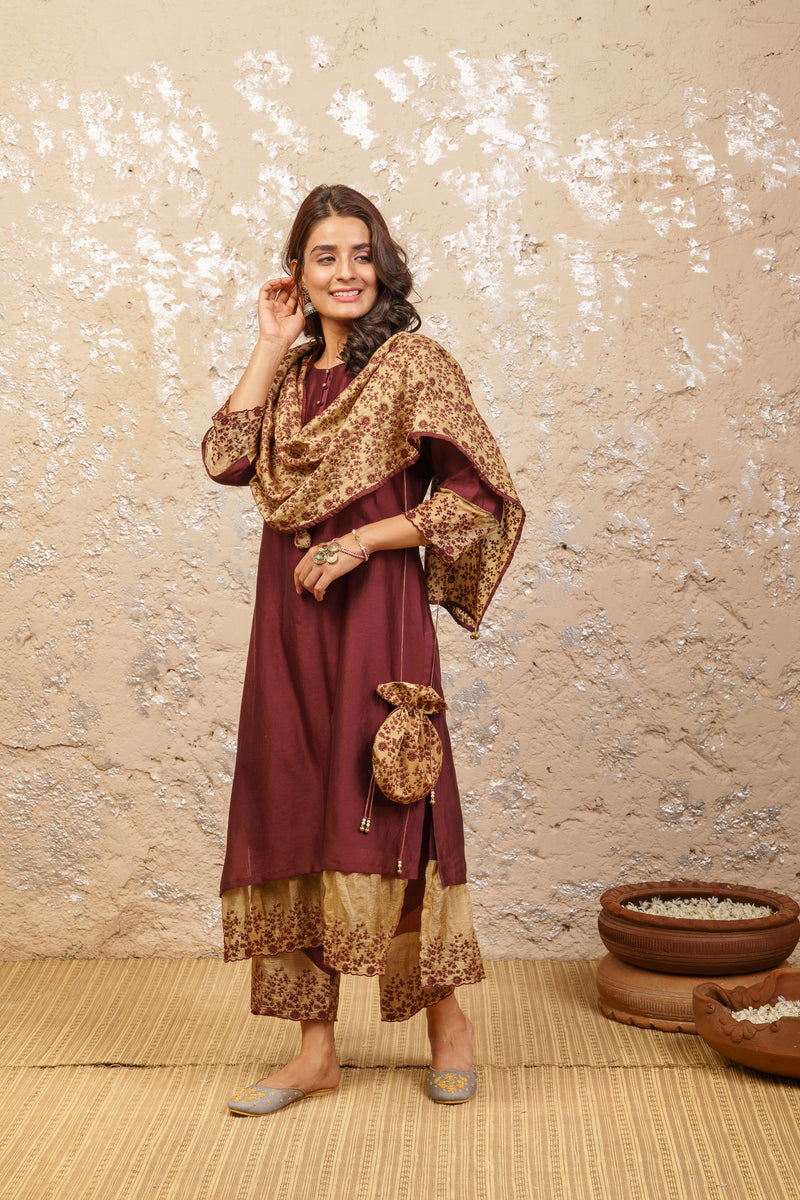 Plum Kurta With Pants And Dupatta - Naaz By Noor