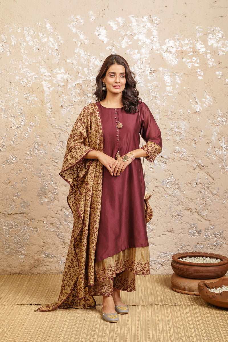 Plum Kurta With Pants And Dupatta - Naaz By Noor