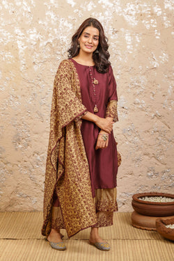 Plum Kurta With Pants And Dupatta - Naaz By Noor