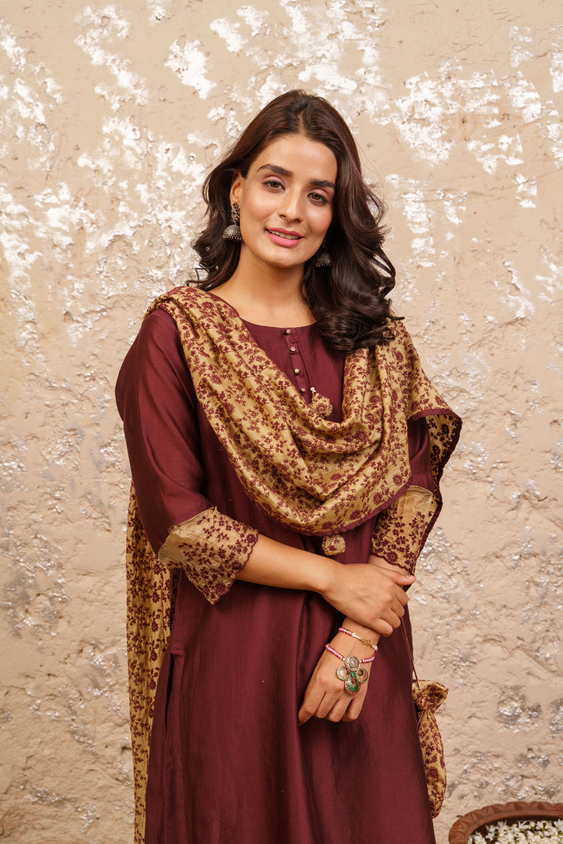 Plum Kurta With Pants And Dupatta - Naaz By Noor