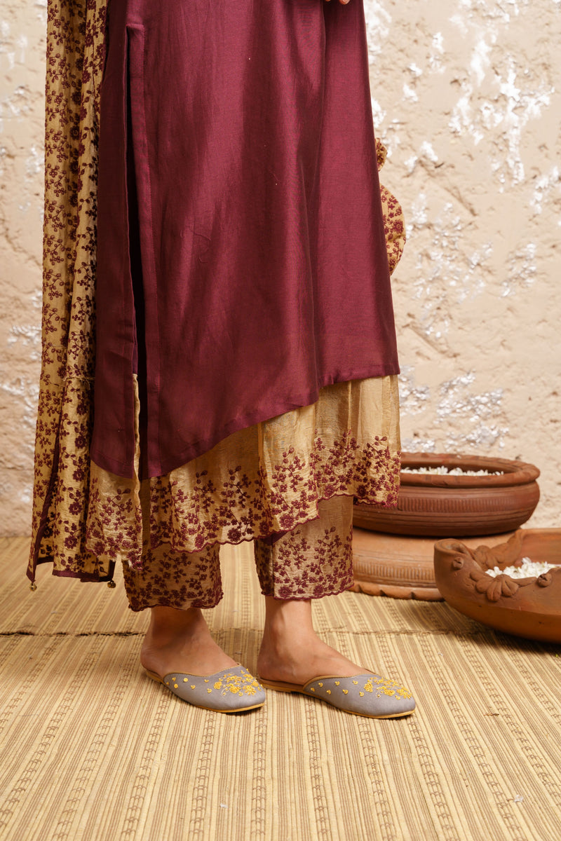 Plum Kurta With Pants And Dupatta - Naaz By Noor