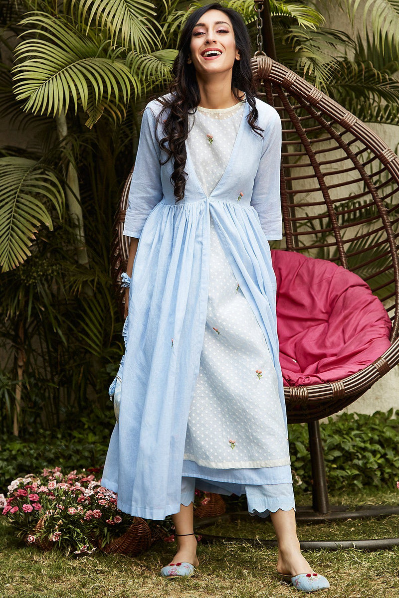 Powder Blue Layered Kurta (With Cape) - Naaz By Noor