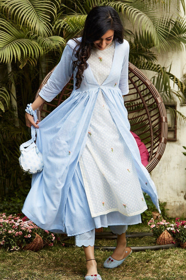 Powder Blue Layered Kurta With Cape ( without pants ) - Naaz By Noor