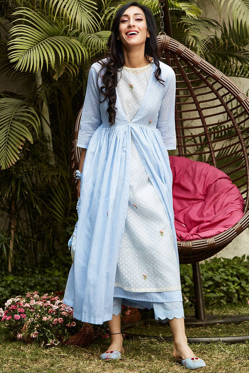Powder Blue Layered Kurta (Without Cape) - Naaz By Noor