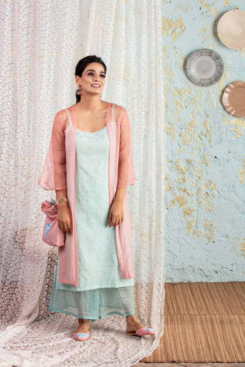 Powder Blue Tunic With Overlay And Pants - Naaz By Noor