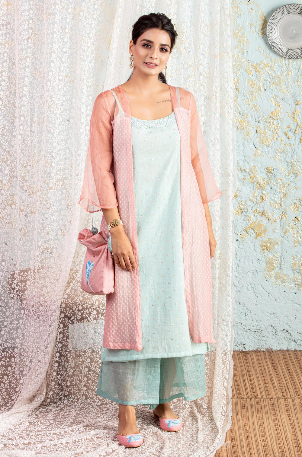 Powder Blue Tunic With Overlay And Pants