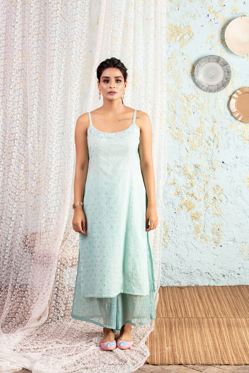 Powder Blue Tunic With Overlay And Pants - Naaz By Noor