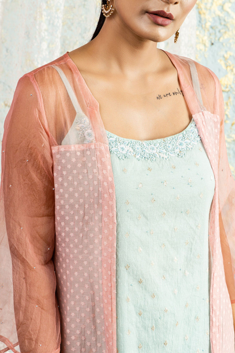 Powder Blue Tunic With Overlay And Pants - Naaz By Noor