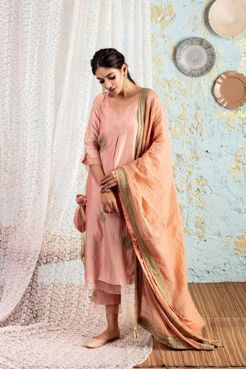 Powder Pink KurtaSet With Pants And Dupatta - Naaz By Noor