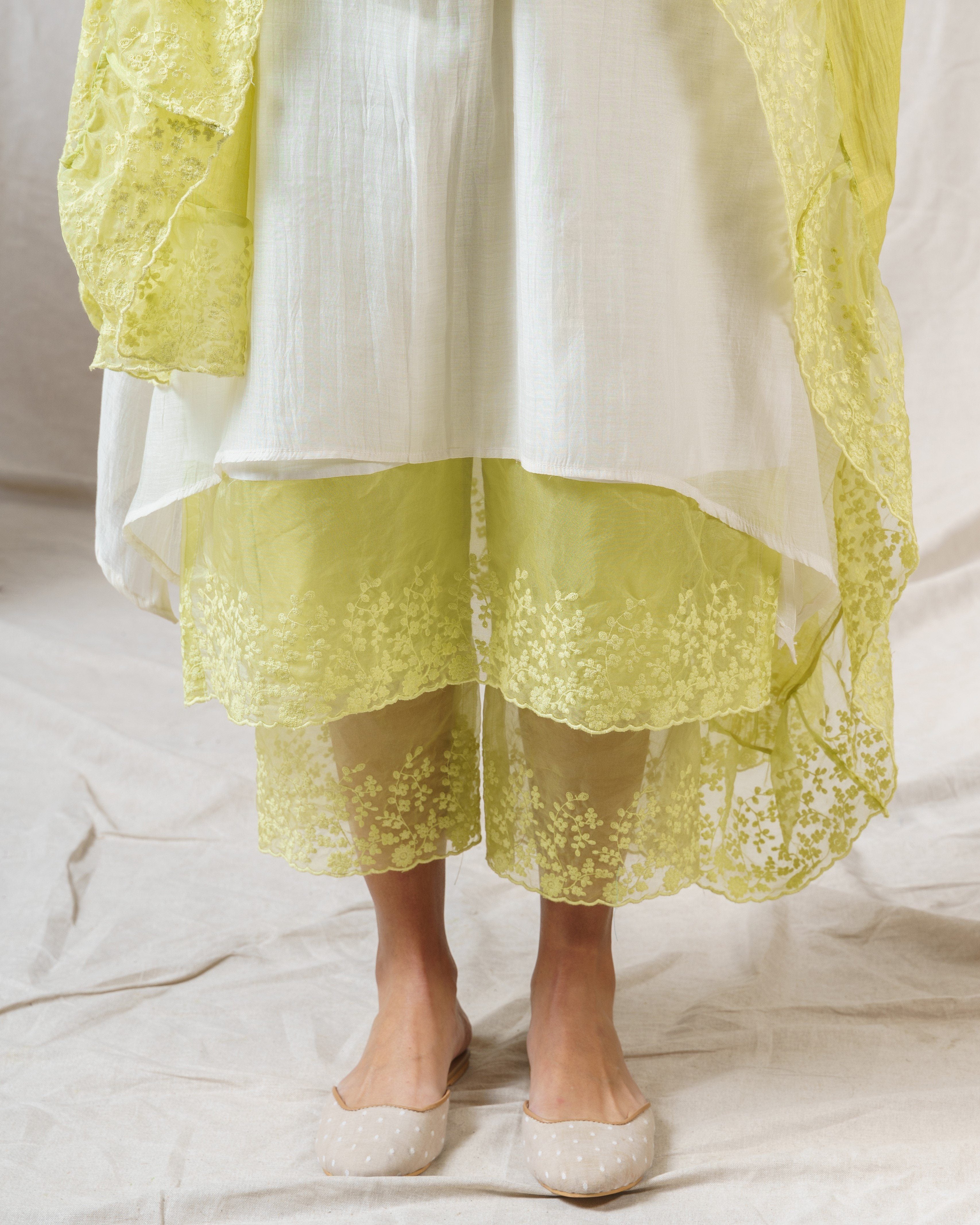 PEARL WHITE AND LIME GREEN ENSEMBLE - Naaz By Noor