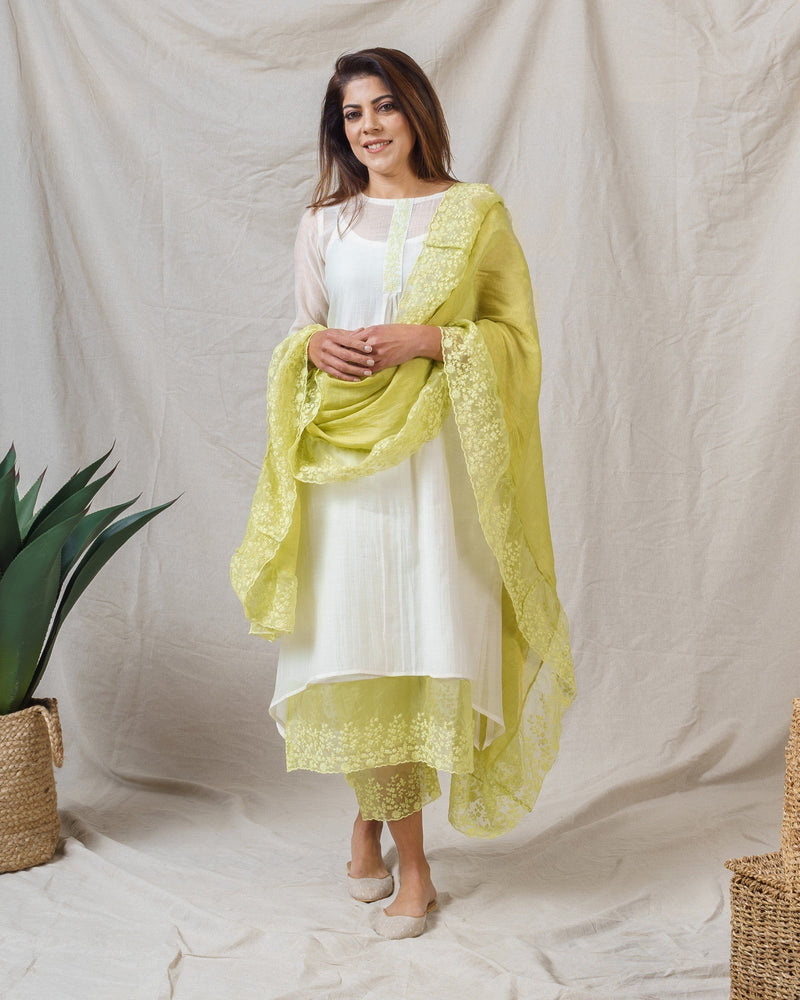 PEARL WHITE AND LIME GREEN ENSEMBLE - Naaz By Noor