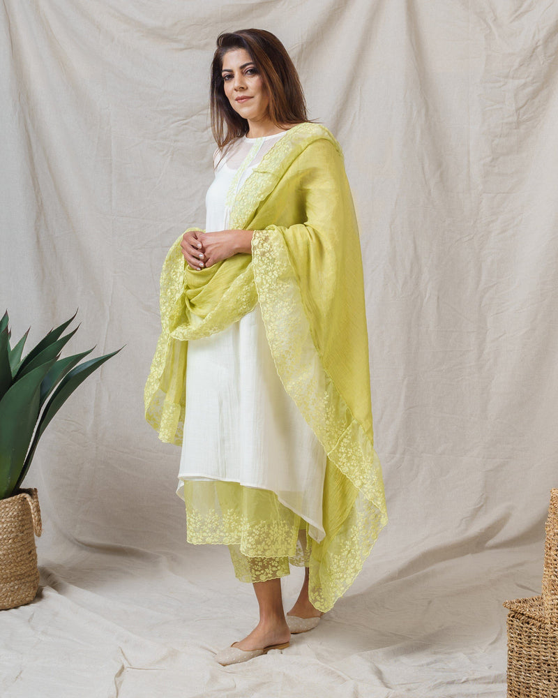 PEARL WHITE AND LIME GREEN ENSEMBLE - Naaz By Noor