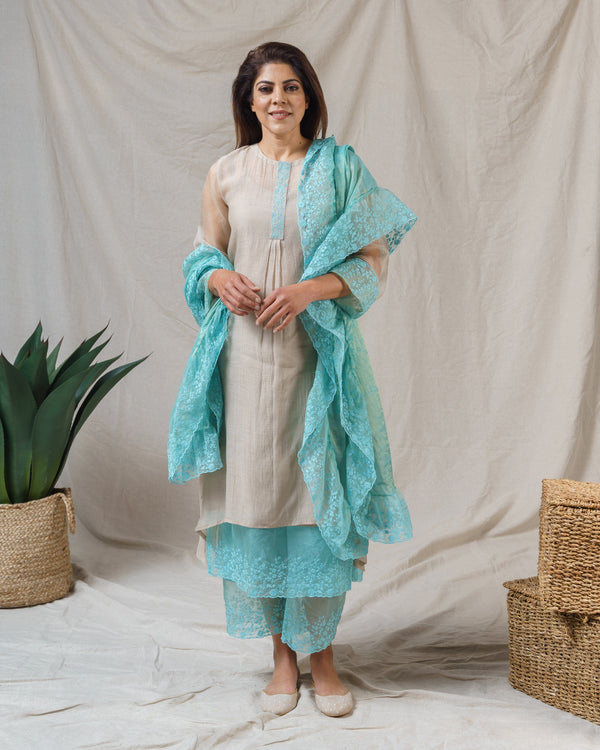 PEBBLE GREY AND TURQUOISE ENSEMBLE - Naaz By Noor