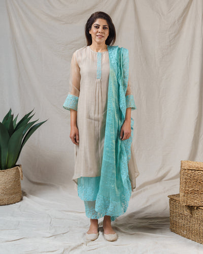 PEBBLE GREY AND TURQUOISE ENSEMBLE - Naaz By Noor