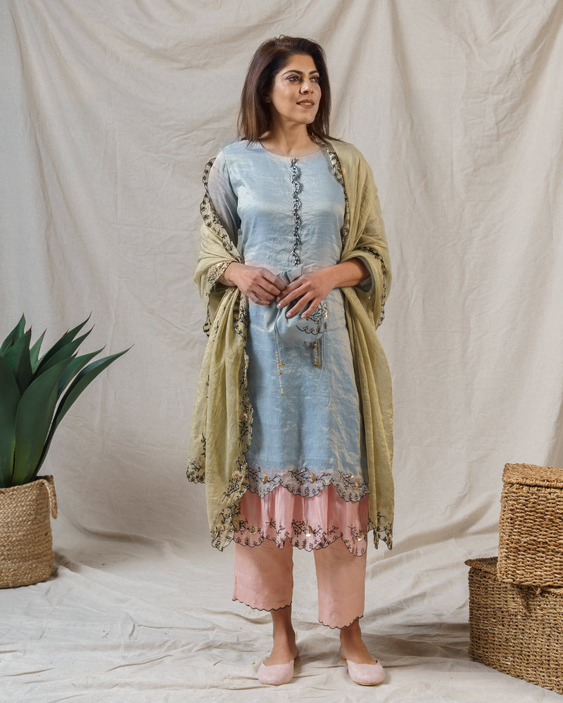 COLOUR ME PRETTY FROST BLUE ENSEMBLE- kurta , pant & dupatta - Naaz By Noor