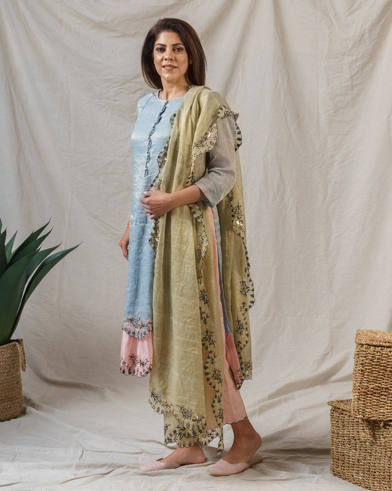 COLOUR ME PRETTY FROST BLUE ENSEMBLE- kurta , pant & dupatta - Naaz By Noor