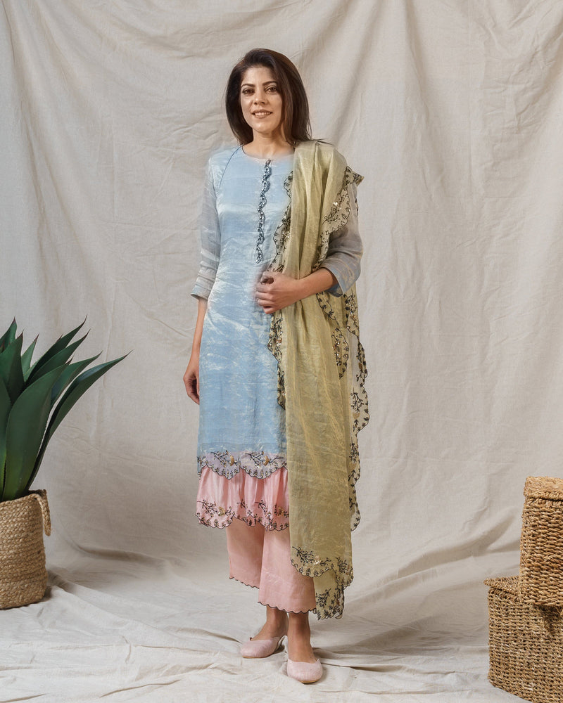 COLOUR ME PRETTY FROST BLUE ENSEMBLE- kurta , pant & dupatta - Naaz By Noor