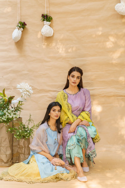 COLOUR ME PRETTY MIST BLUE ENSEMBLE- kurta ,sharara & dupatta - Naaz By Noor