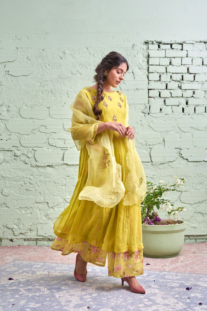 RAKHI tyohaar ki thali- nimbu sa hara-set of 3- kurta, sharara & dupatta Naaz By Noor 