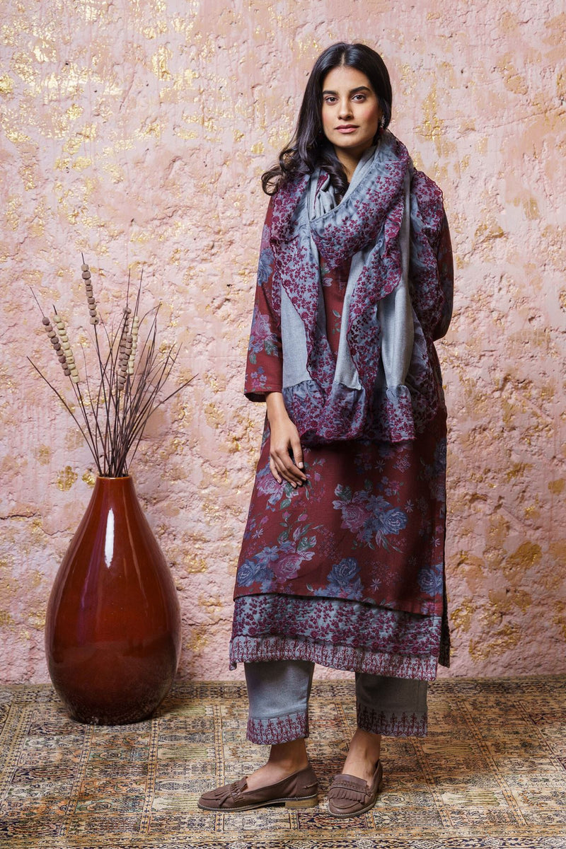 Red Dahlia Tunic Set With Stole - Naaz By Noor