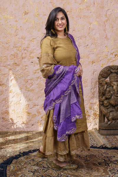 Rich Gold Kurta With Royal Purple Ruffled Dupatta - Naaz By Noor