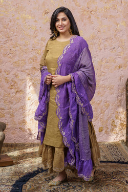 Rich Gold Kurta With Royal Purple Ruffled Dupatta - Naaz By Noor