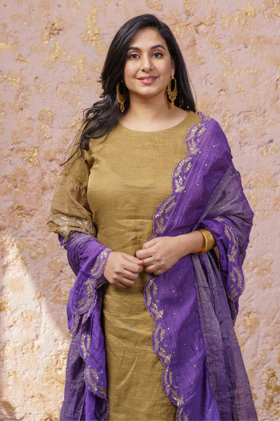 Rich Gold Kurta With Royal Purple Ruffled Dupatta - Naaz By Noor