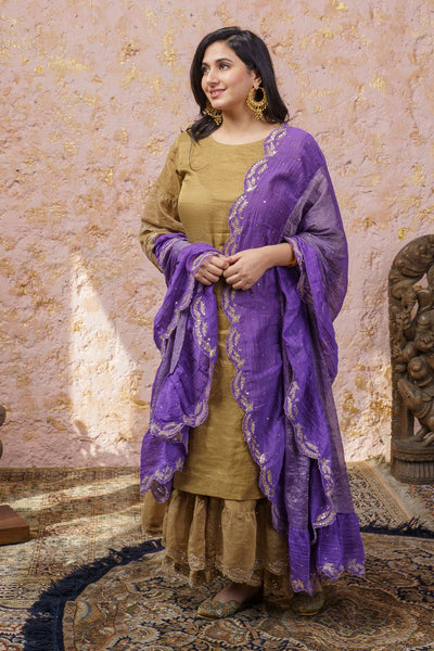 Rich Gold Kurta With Royal Purple Ruffled Dupatta - Naaz By Noor