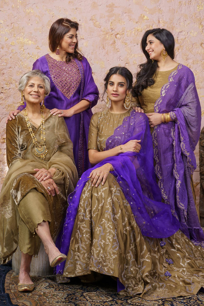 Rich Gold Kurta With Royal Purple Ruffled Dupatta - Naaz By Noor
