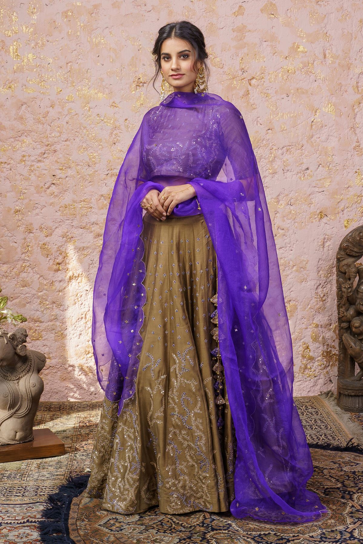 Rich Gold Lehenga Set With Royal Purple Dupatta - Naaz By Noor