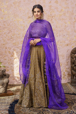 Rich Gold Lehenga Set With Royal Purple Dupatta - Naaz By Noor