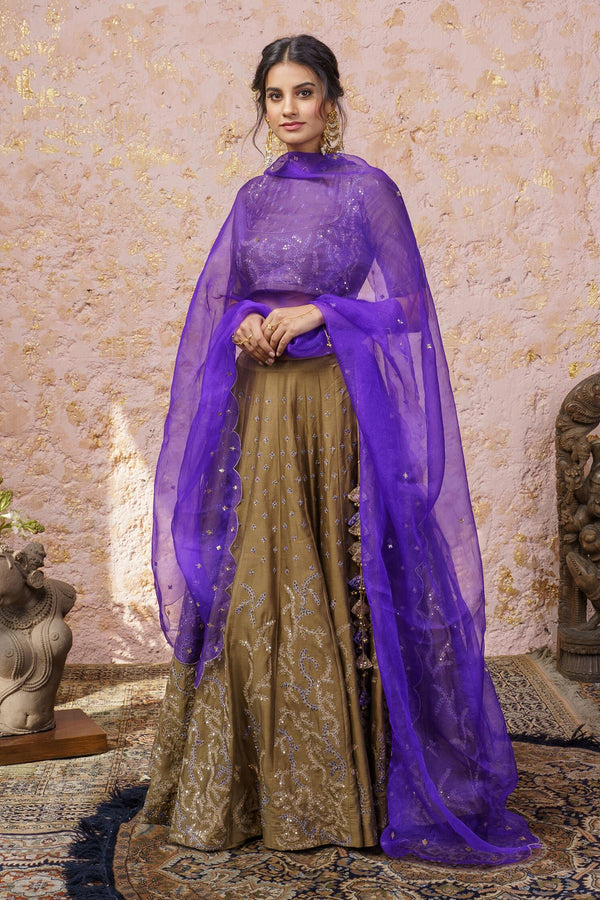Rich Gold Lehenga Set With Royal Purple Dupatta - Naaz By Noor