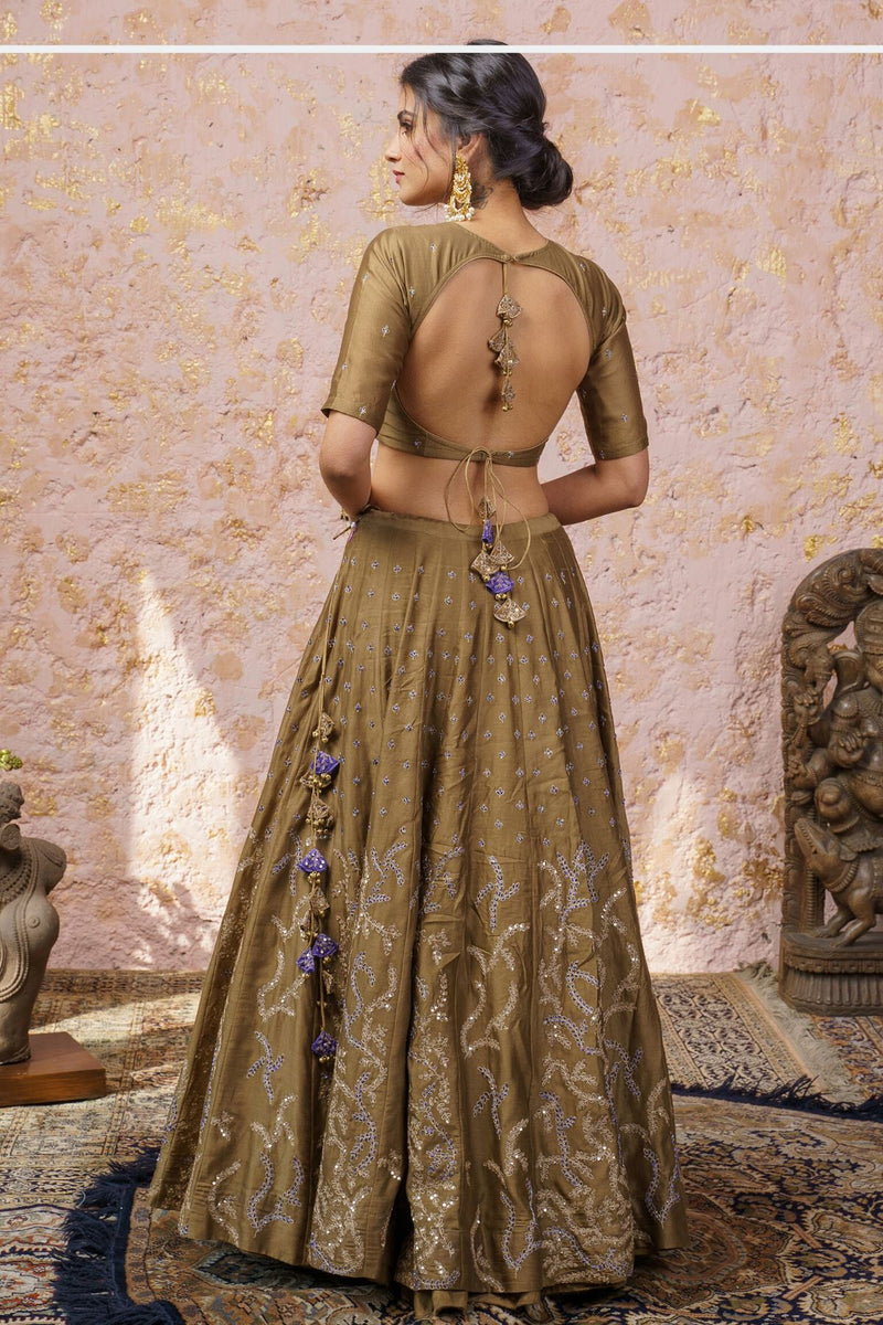 Rich Gold Lehenga Set With Royal Purple Dupatta - Naaz By Noor