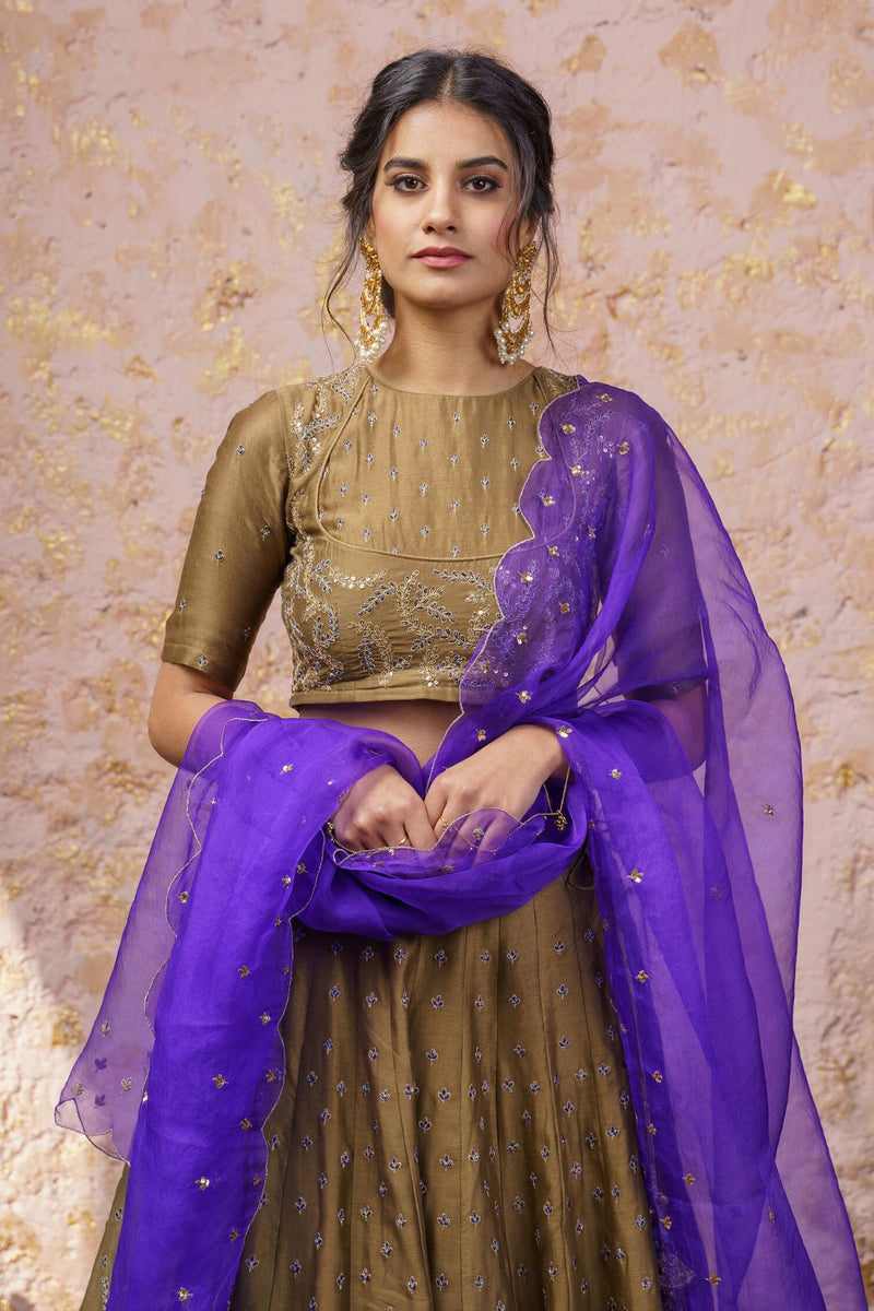 Rich Gold Lehenga Set With Royal Purple Dupatta - Naaz By Noor