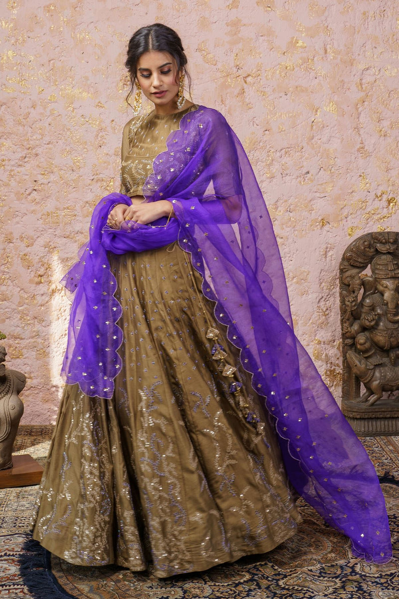 Rich Gold Lehenga Set With Royal Purple Dupatta - Naaz By Noor
