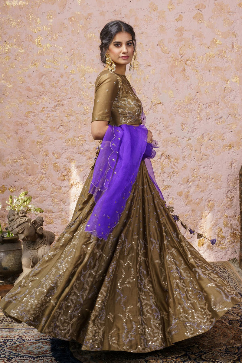 Rich Gold Lehenga Set With Royal Purple Dupatta - Naaz By Noor