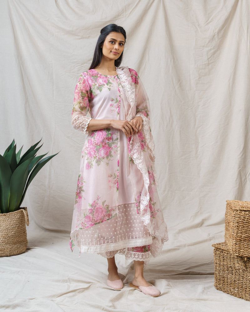 Salted Pink floral ensemble-set of 2 ( without dupatta ) - Naaz By Noor