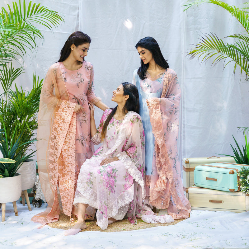 Salted Pink floral ensemble-set of 2 ( without dupatta ) - Naaz By Noor