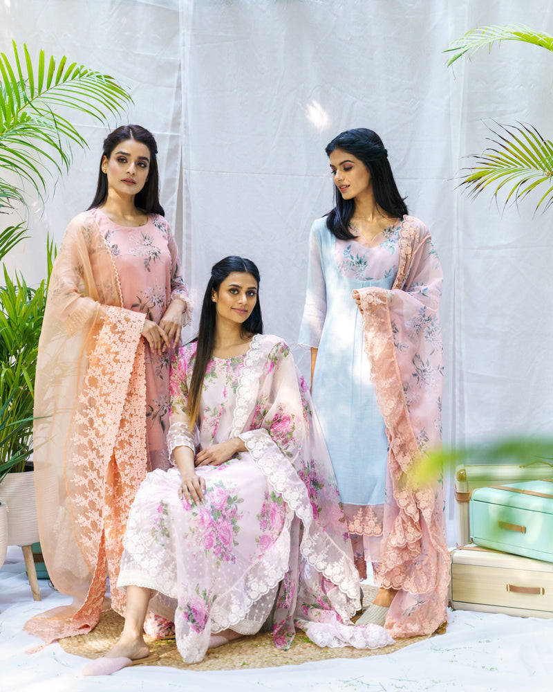 Salted Pink floral ensemble-set of 2 ( without dupatta ) - Naaz By Noor