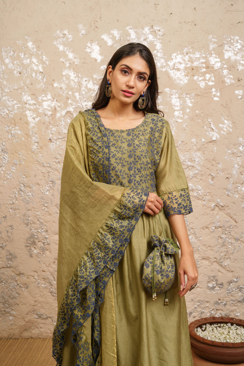 Seaweed Green Kurta With Pants And Dupatta - Naaz By Noor